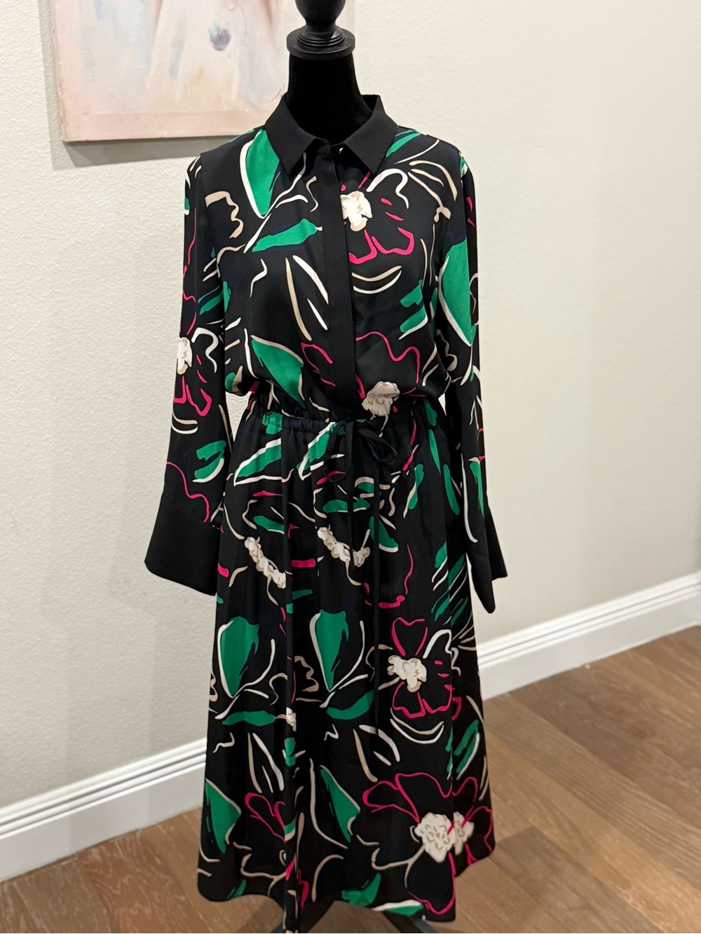 Anne Klein Black Midi Dress with Green, Pink & Cream Floral Print